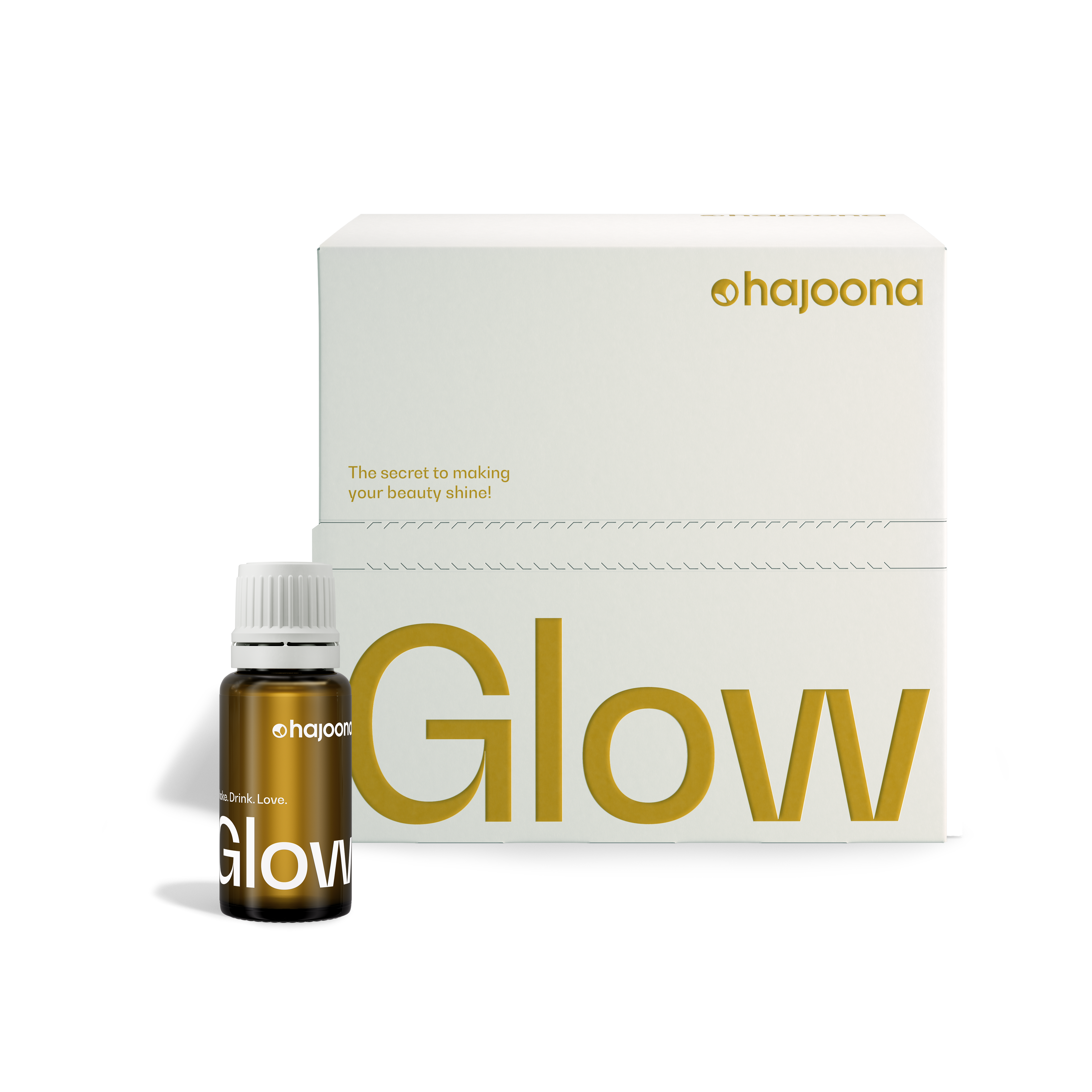 Eine kleine braune Glasflasche mit weißem Deckel steht neben einer weißen Verpackung mit goldener Schrift „Glow“. Das Design ist schlicht und edel. Der Hintergrund ist cremeweiß.