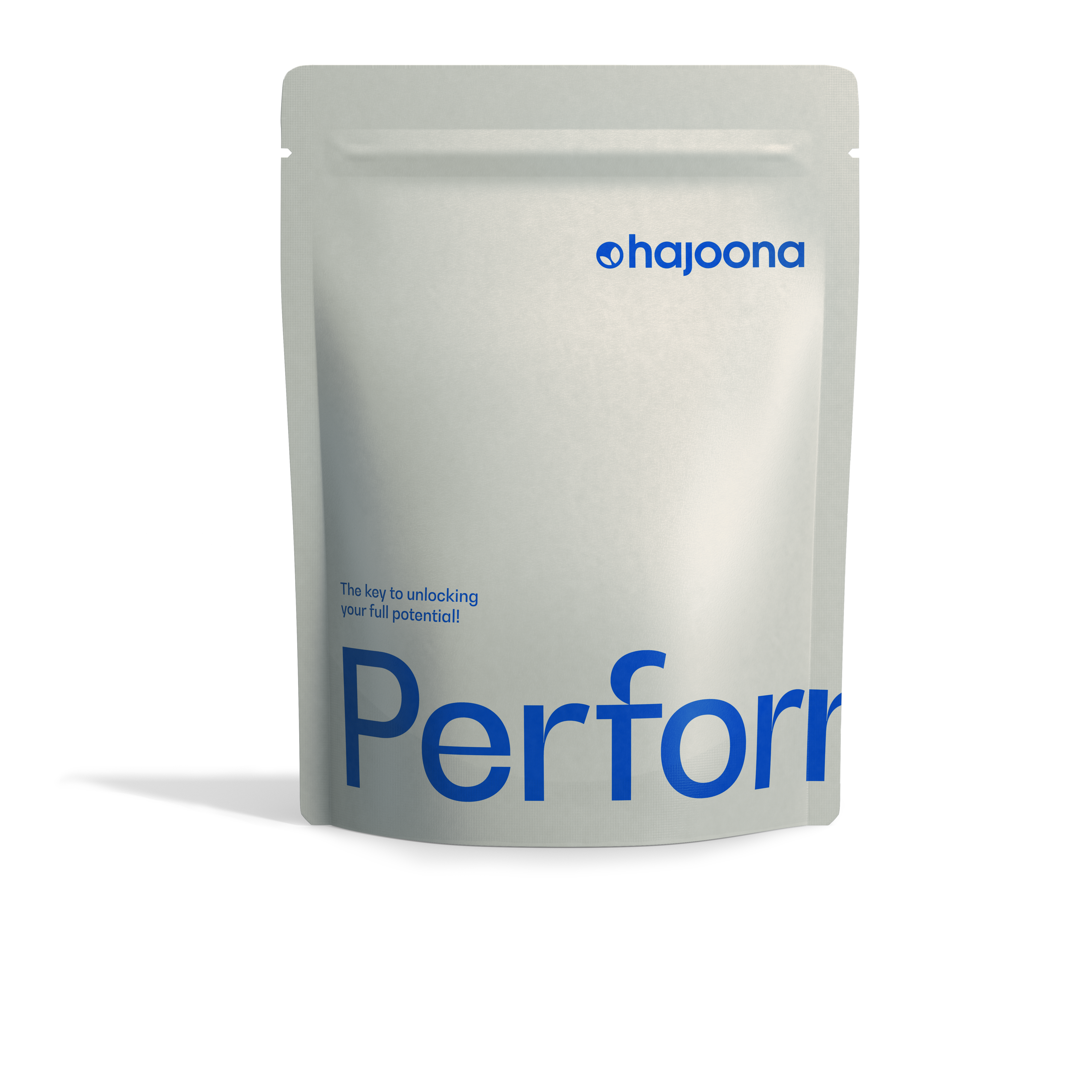 Zu sehe ist ein Standbeutel des hajoona Performance Produkts. Auf der Verpackung ist das hajoona Logo und das Wort “Performance” in blau zu sehen. Die Verpackung ist modern gestaltet und vermittelt Dynamik und Energie.