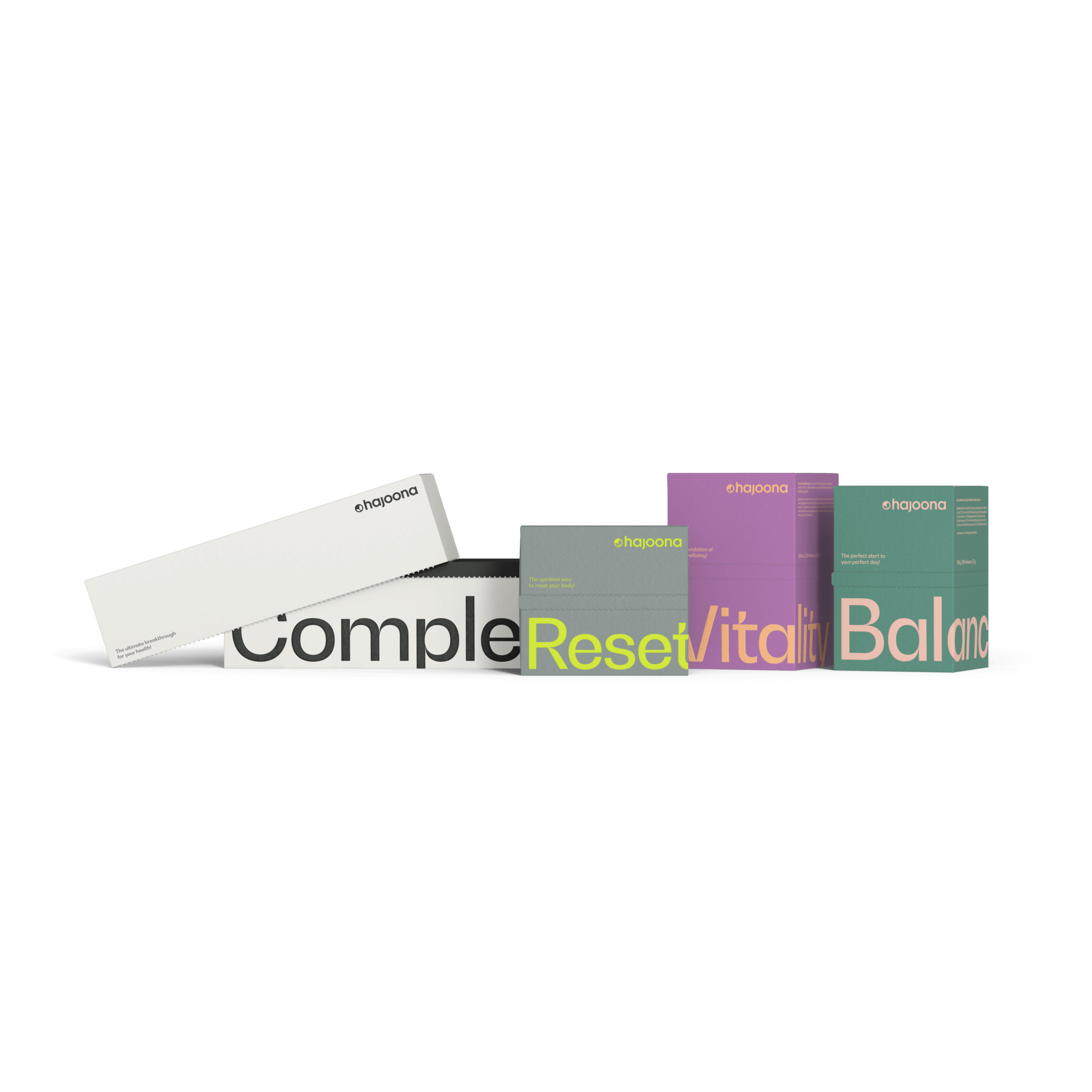 Complete bringt die drei bewährten hajoona Produkte Reset, Vitality und Balance zusammen. Die Box bietet ir eine tägliche Rundum-Versorgung für mehr Energie, Regeneration und innere Balance. Die minimalistische Verpackung unterstreicht den klaren Anspruch an Qualität und Design von hajoona.