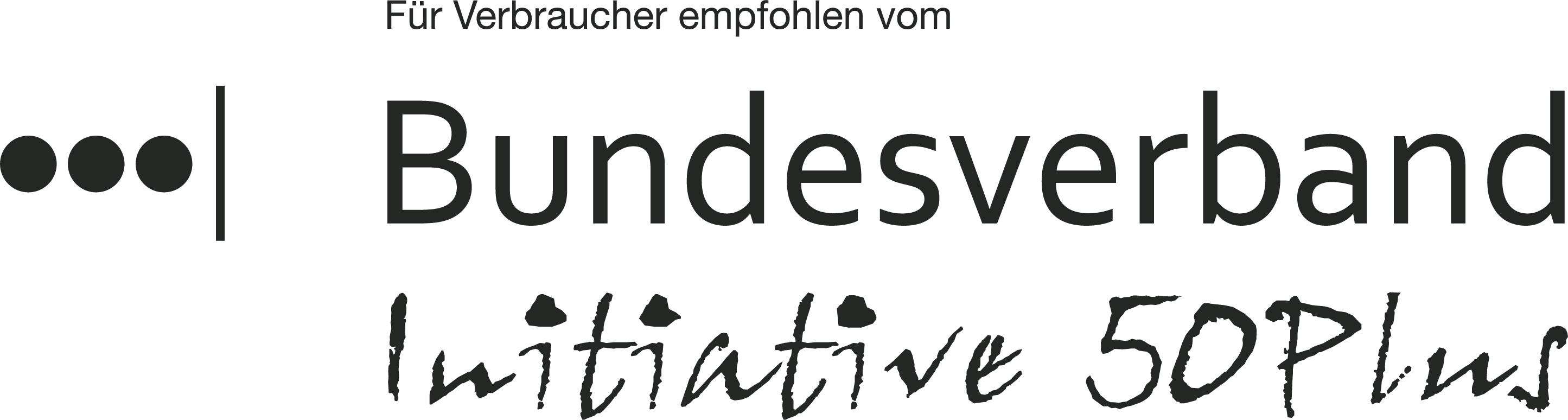 Logo des Bundesverbands Initiative 50Plus mit der Aufschrift ‚Für Verbraucher empfohlen vom Bundesverband Initiative 50Plus‘. Links daneben drei schwarze Punkte als grafisches Element.