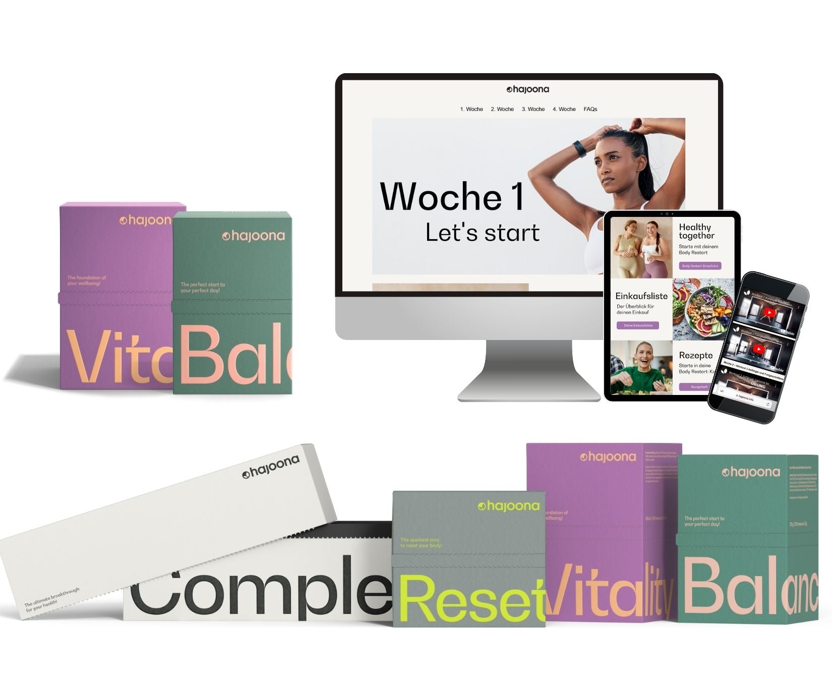 Übersicht des hajoona Body Restart Programms: Verschiedene Produktpackungen wie Vitality, Balance, Reset und Complete im modernen Design, ergänzt durch digitale Inhalte auf Monitor, Tablet und Smartphone. Gezeigt werden unter anderem Rezepte, Einkaufsliste und Trainingsinhalte für Woche 1.