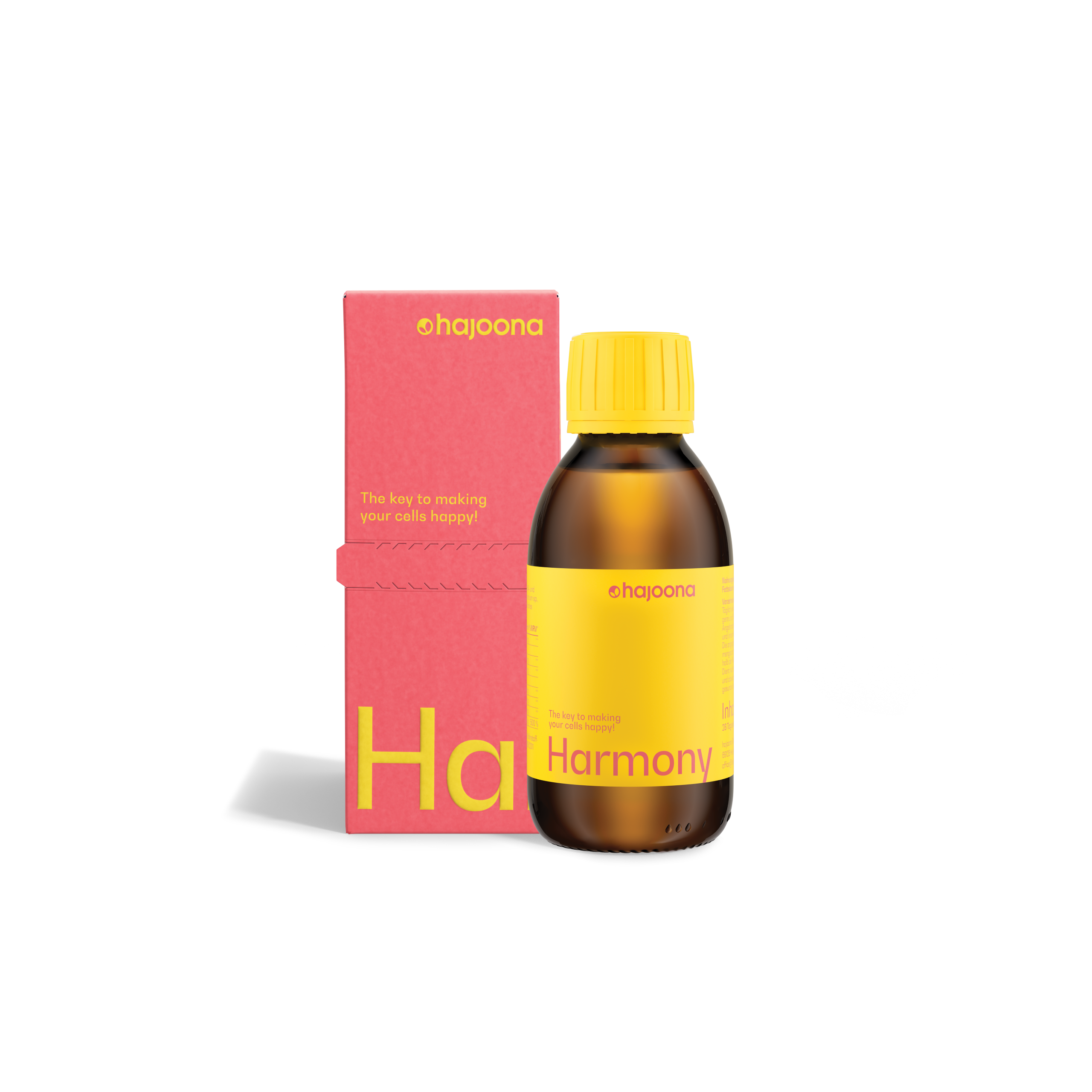 Produktbild von hajoona Harmony: Eine braune Glasflasche mit gelbem Etikett und gelbem Schraubverschluss steht vor einer peachfarbenen Verpackung mit gelber Aufschrift. Darstellung auf transparentem Hintergrund.