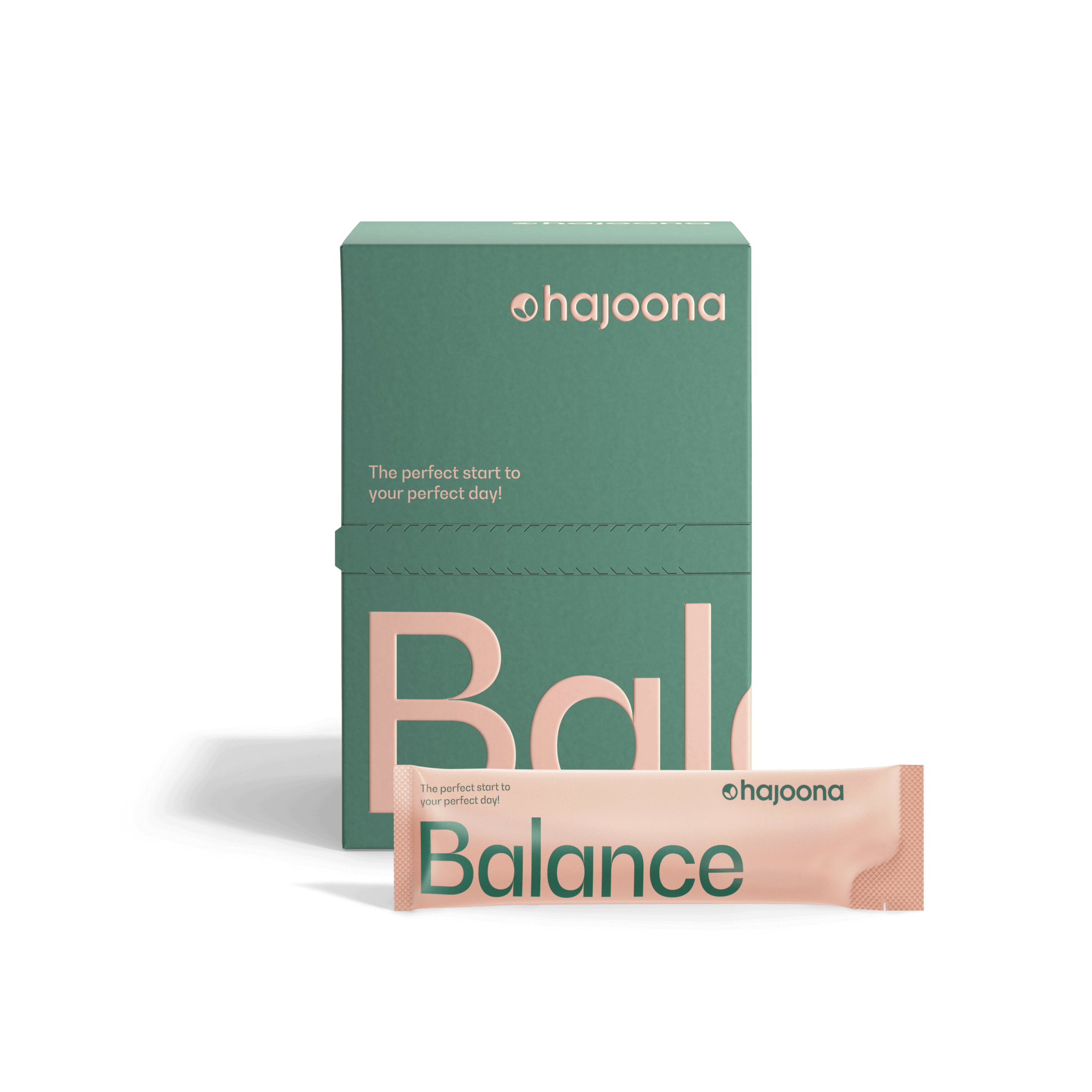 Grüne Produktverpackung von hajoona mit der Aufschrift ‚Balance‘ in großer rosafarbener Schrift. Davor liegt ein einzelner rosafarbener Sachet mit identischer Beschriftung. Beide Elemente tragen den Claim ‚The perfect start to your perfect day!‘ und zeigen ein modernes, minimalistisches Design.